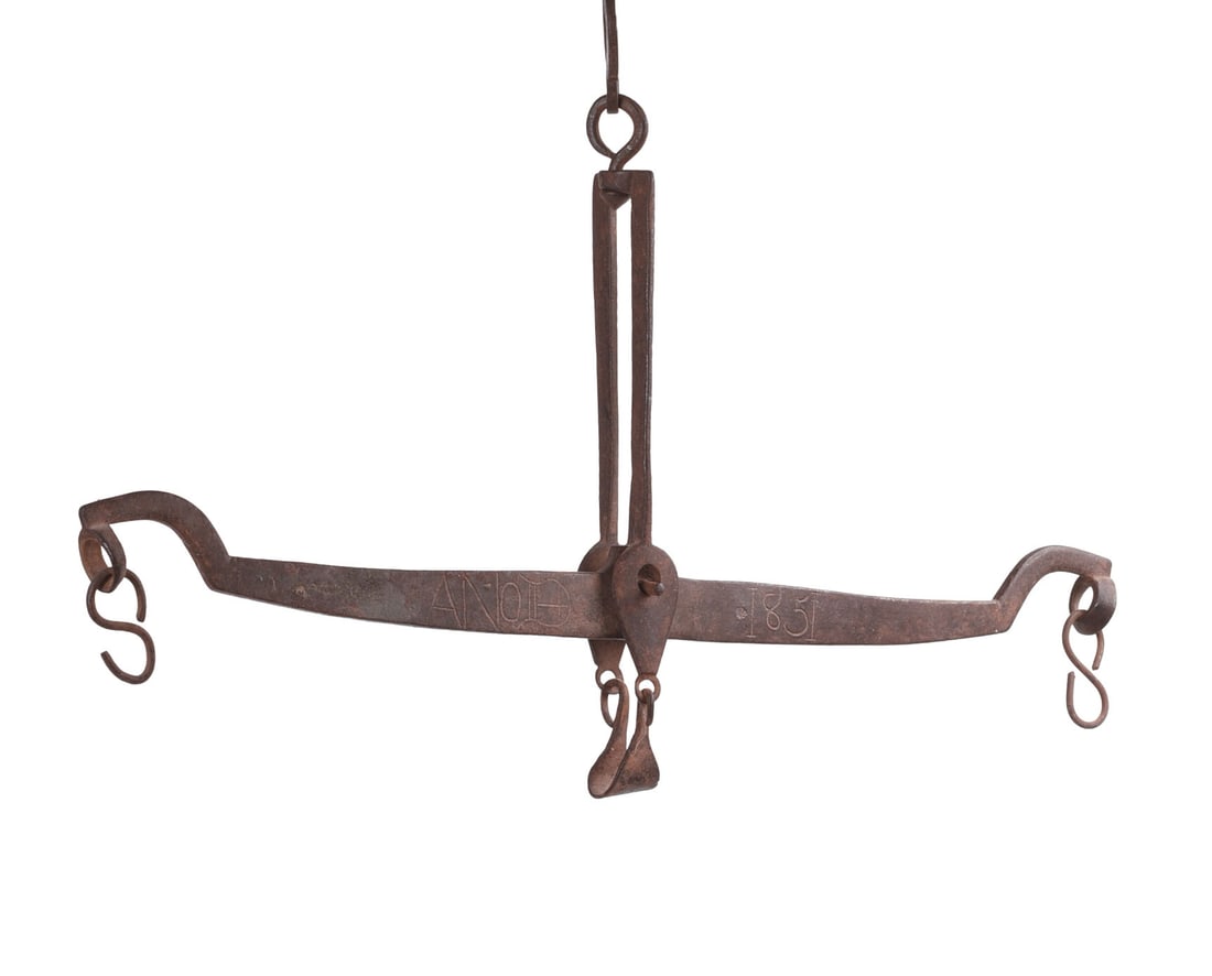 WROUGHT IRON BALANCE SCALE, DATED 1851.: Length 17 inches.