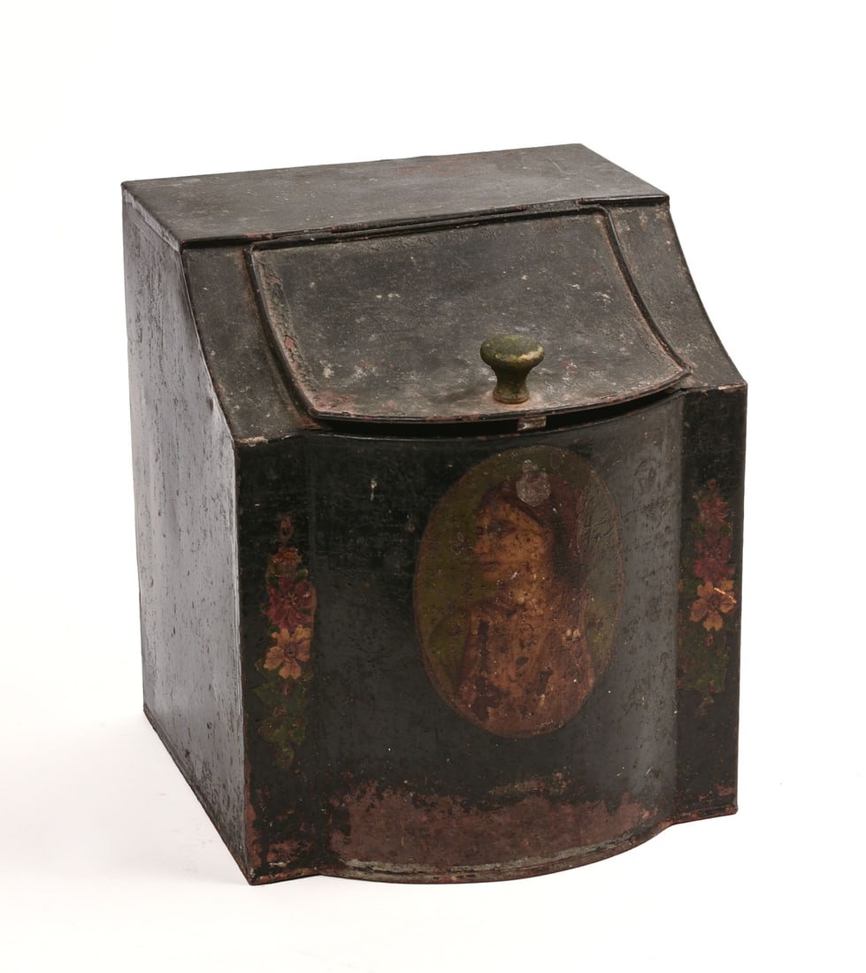 CONTINENTAL TIN TEA CANISTER WITH PORTRAIT OF A WOMAN: 9 x 7.5 x 7.5 inches.