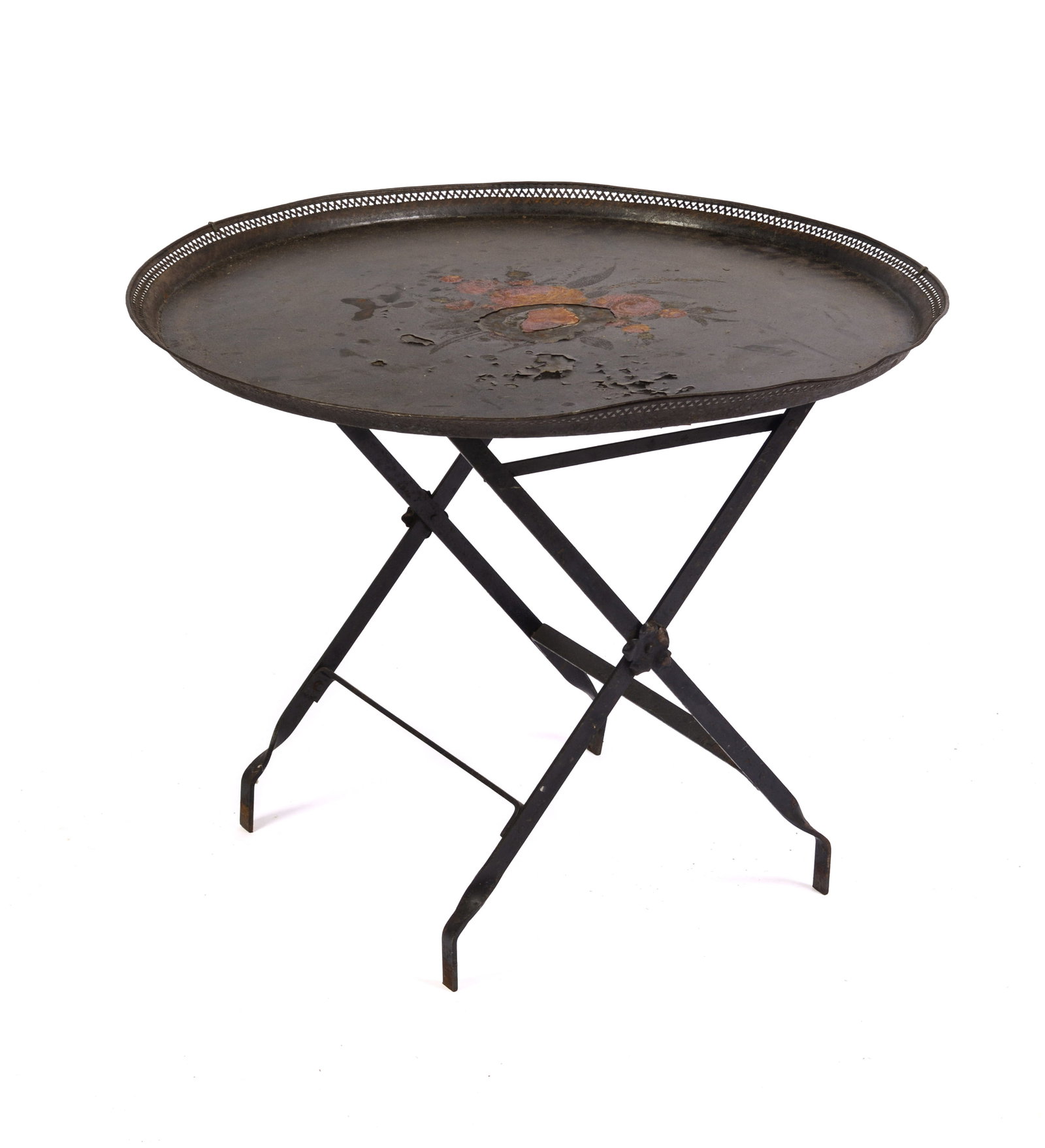 19TH CENTURY PAINTED TIN TRAY TABLE.: Height 21 inches, diameter 27 inches. Some paint loss.