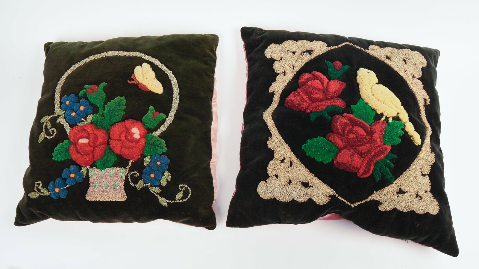 TWO 19TH CENTURY STUMPWORK PILLOWS.: 14 x 14 inches.