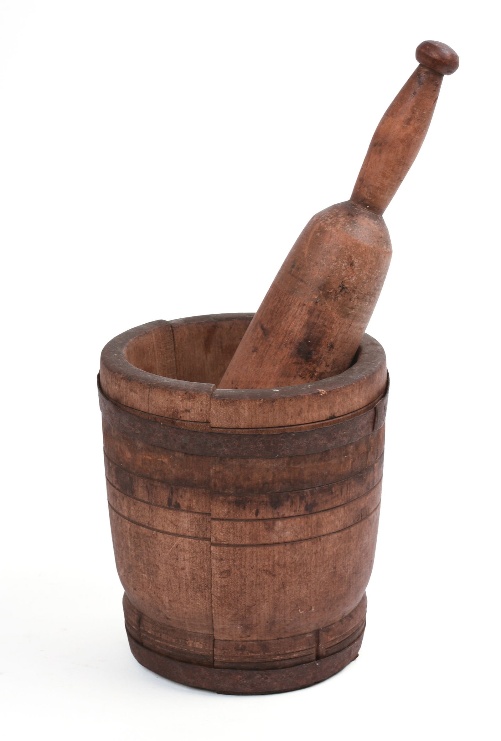 IRON BOUND MORTAR AND PESTLE.: Height of mortar 7 inches.