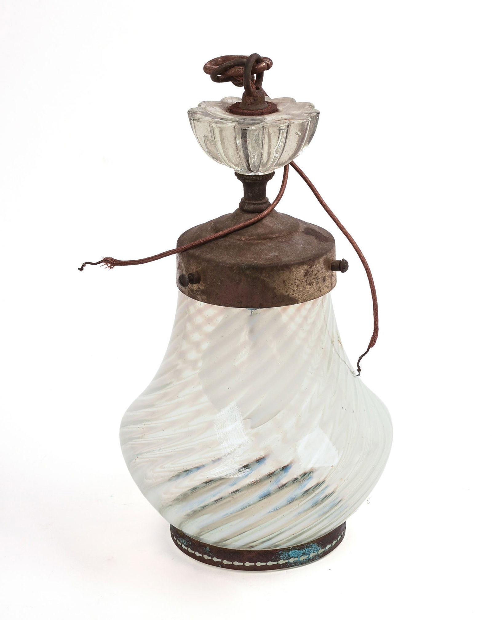 WHITE SWIRL HANGING LAMP, POSSIBLY FENTON.: Height 10.5 inches.