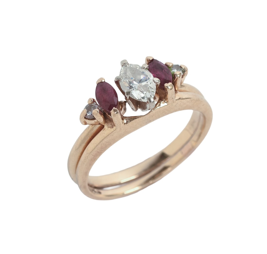 14KT GOLD, DIAMOND, AND RUBY WEDDING SET.: Marquis cut 0.49 ct diamond; two rubies, .34 ct total; and two full cut diamonds, 0.1 ct. Size 5.5, 4.8 grams.