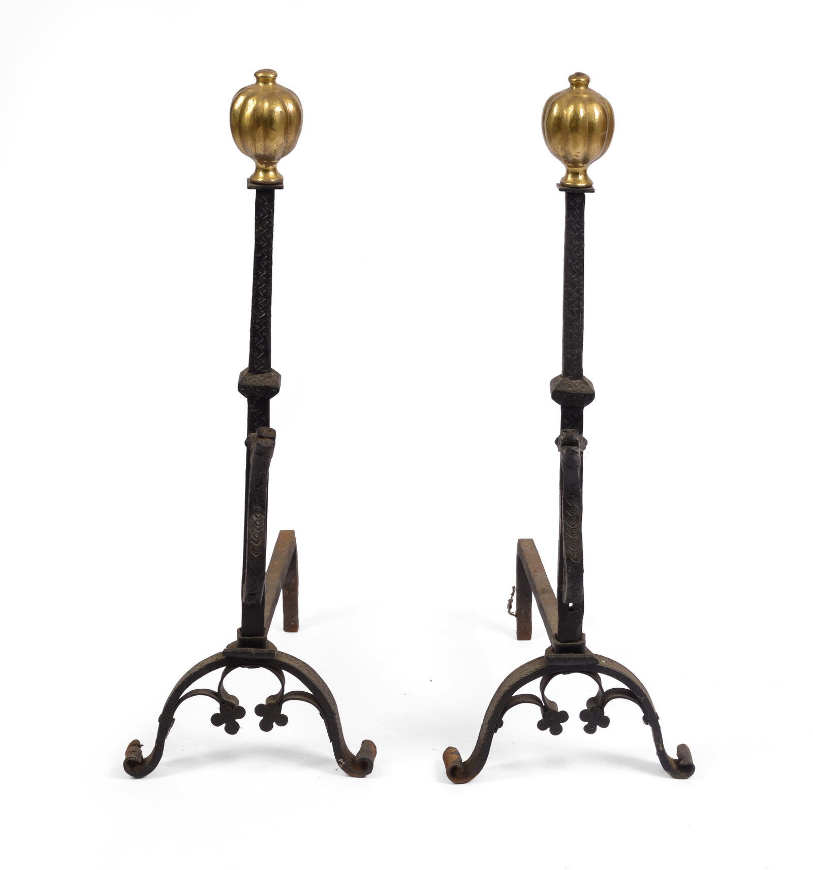 PAIR OF TALL WROUGHT IRON ANDIRONS WITH DRAGONS.: Height 32.5 inches, width 11.5 inches, depth 19 inches.