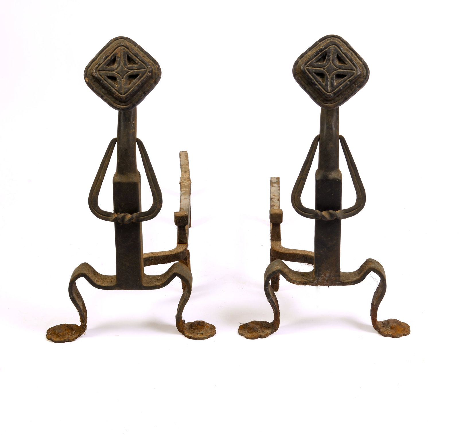 PAIR OF WROUGHT IRON ARTS & CRAFTS ANDIRONS.: Height 25 inches, width 14 inches, depth 31. One missing back section of log holder.