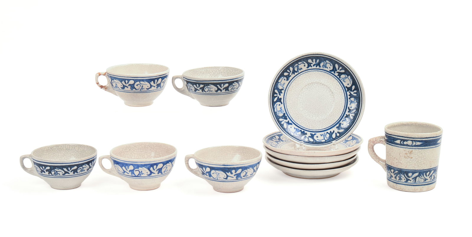 FIVE DEDHAM POTTERY RABBIT PATTERN TEACUPS AND SAUCERS, AND MUG. (1 of 8)