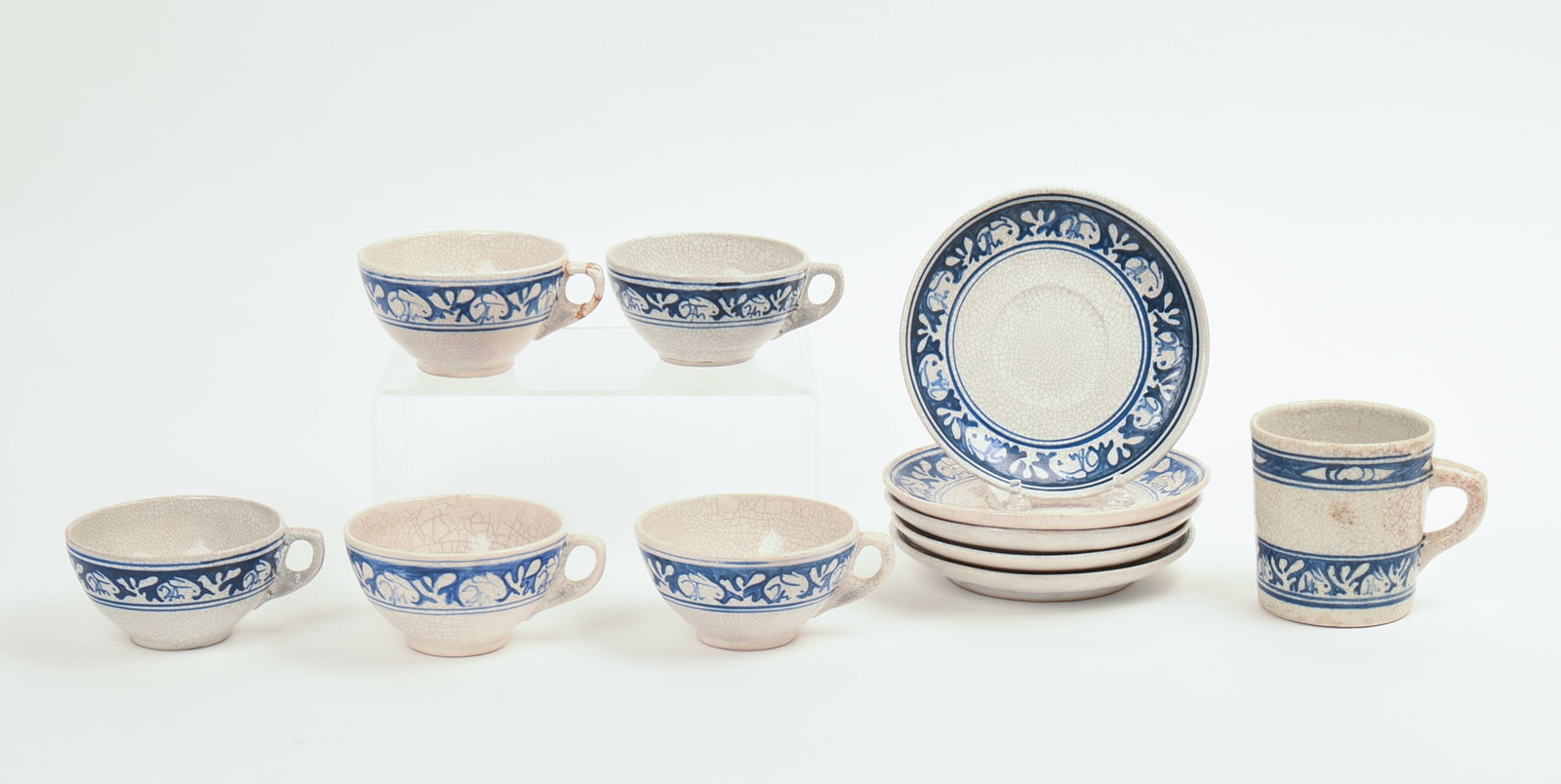 FIVE DEDHAM POTTERY RABBIT PATTERN TEACUPS AND SAUCERS, AND MUG. - 3