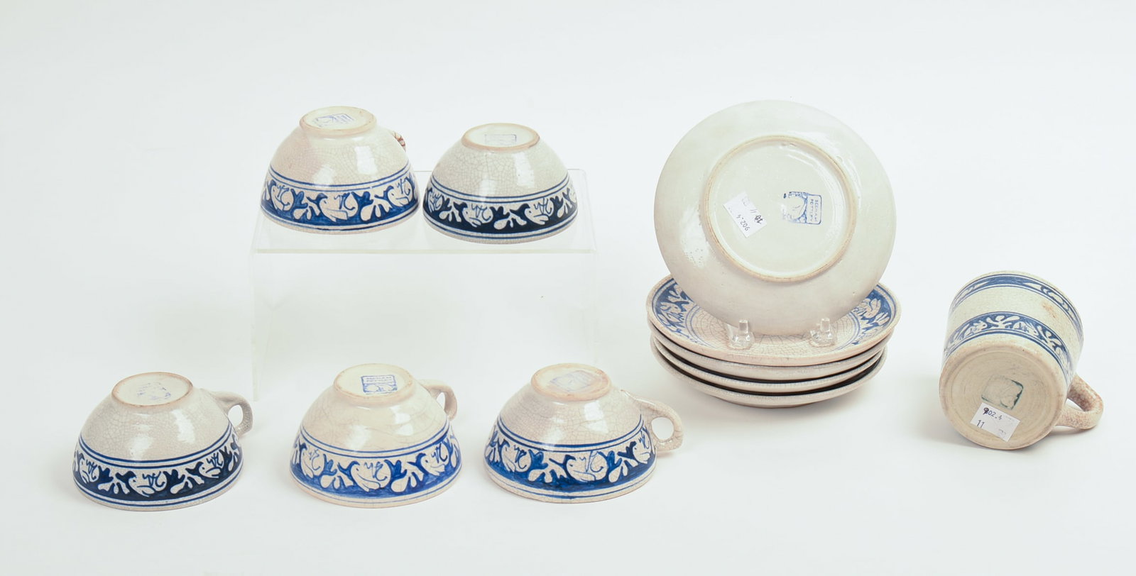 FIVE DEDHAM POTTERY RABBIT PATTERN TEACUPS AND SAUCERS, AND MUG. - 5
