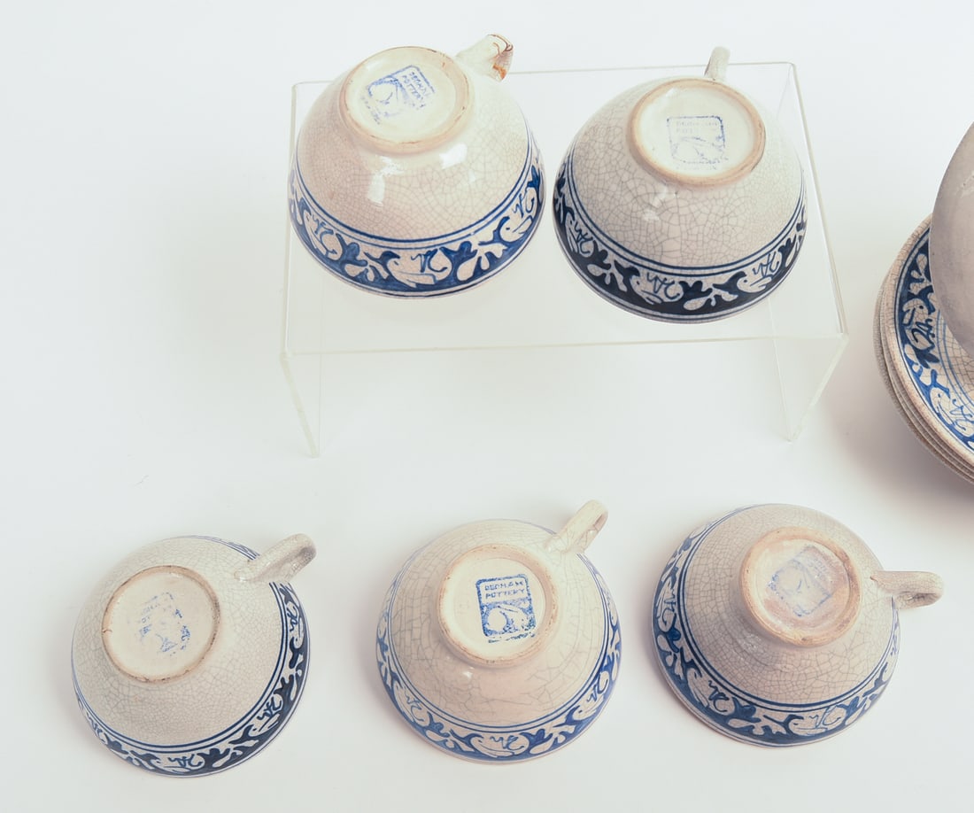 FIVE DEDHAM POTTERY RABBIT PATTERN TEACUPS AND SAUCERS, AND MUG. - 6