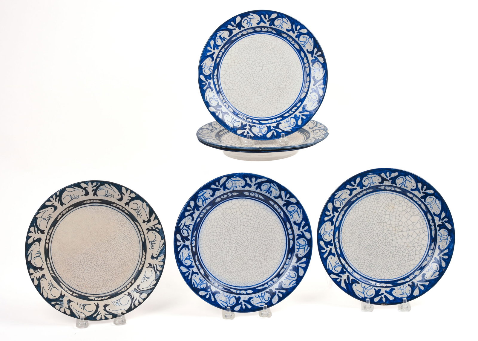 SIX DEDHAM POTTERY RABBIT PATTERN PLATES.: Diameter 8.25 inches. One with rim chip.