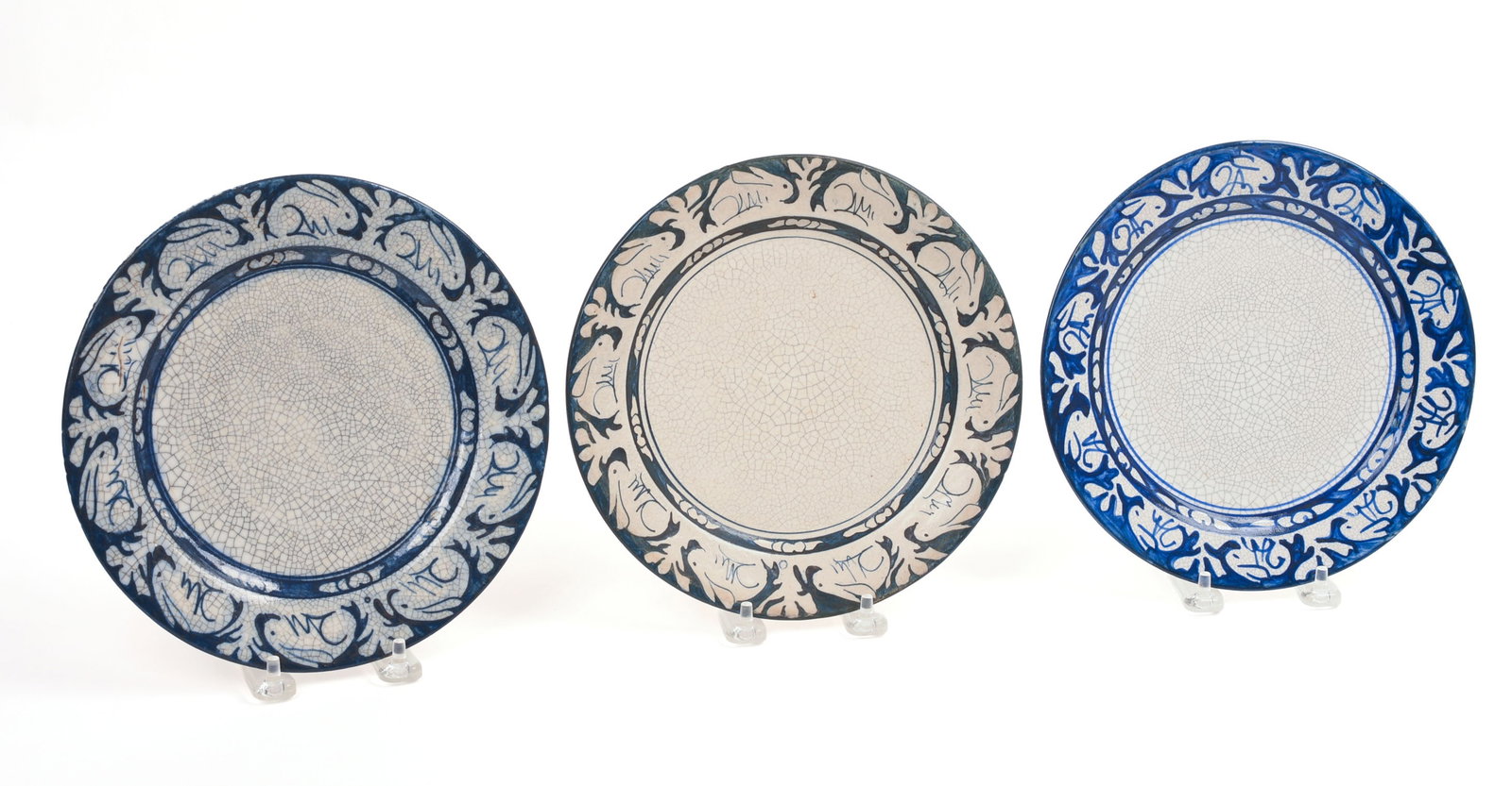 THREE DEDHAM POTTERY RABBIT PATTERN PLATES. (1 of 3)
