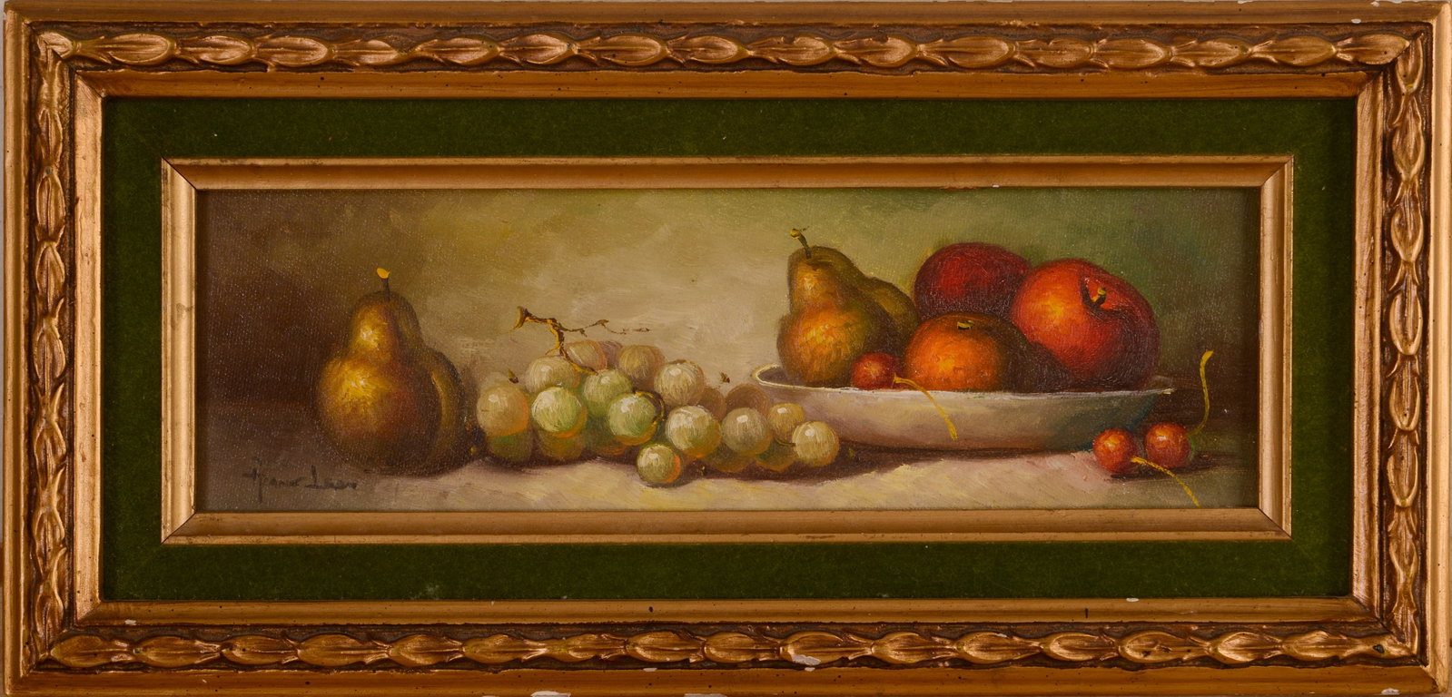 Frank Lean. Still Life With Fruit.: Oil on board, 4 x 12 inches. Framed, 7.5 x 15.5 inches.