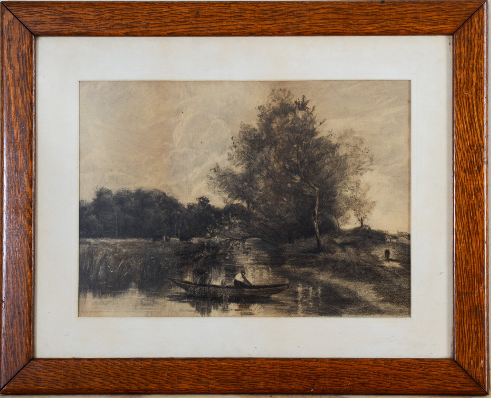 19th Century French Barbizon School Drawing.: In the style of Jean-Baptiste-Camille Corot. Framed charcoal on paper, unsigned. Sight 13.25 x 18.75 inches. Frame 22.125 x 27.5 inches. Tear u.c.