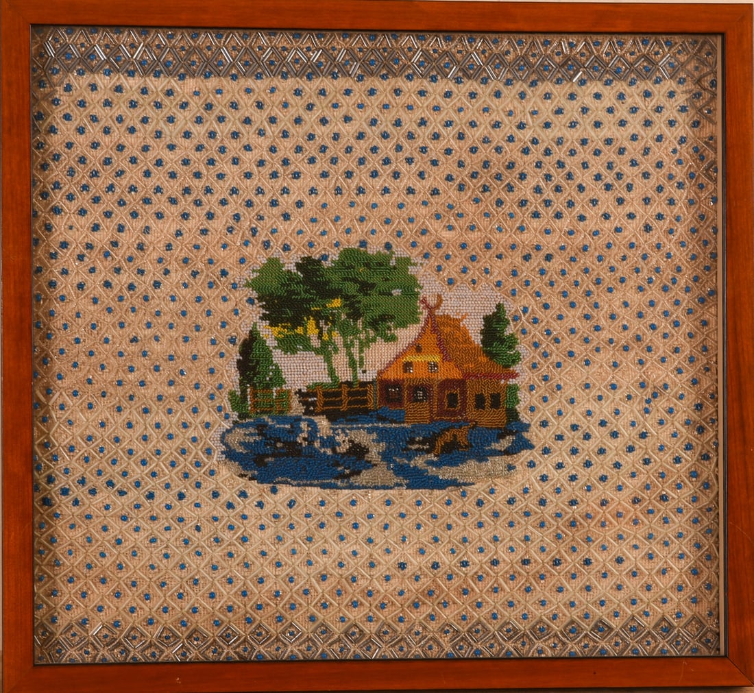 Antique Beaded Landscape.: Framed, 17 x 19 inches.