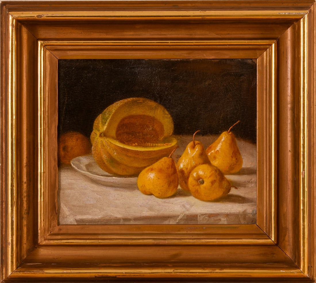 Still Life With Pears and Canatalope.: Oil on board, 11.5 x 14 inches. In a period frame, 18.5 x 21 inches. Label for Sotheby's Baltimore, estate of Eugene Sussel.