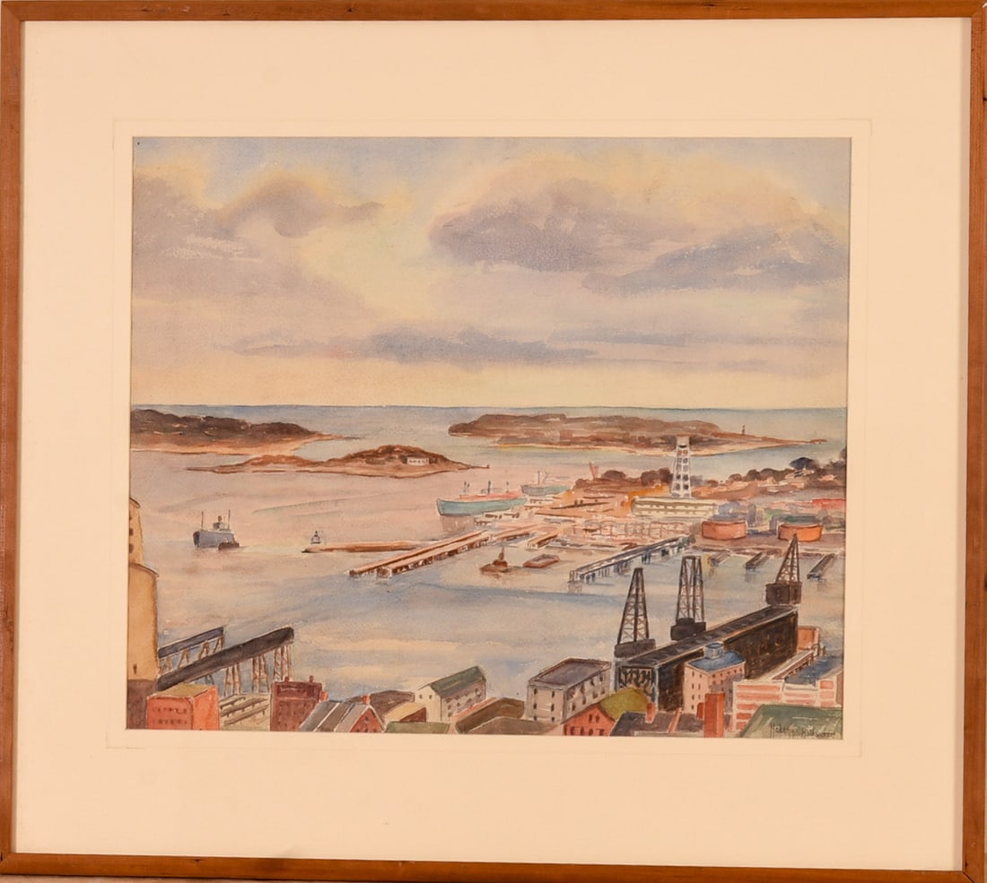 Mid Century Watercolor of a Working Waterfront. (1 of 3)