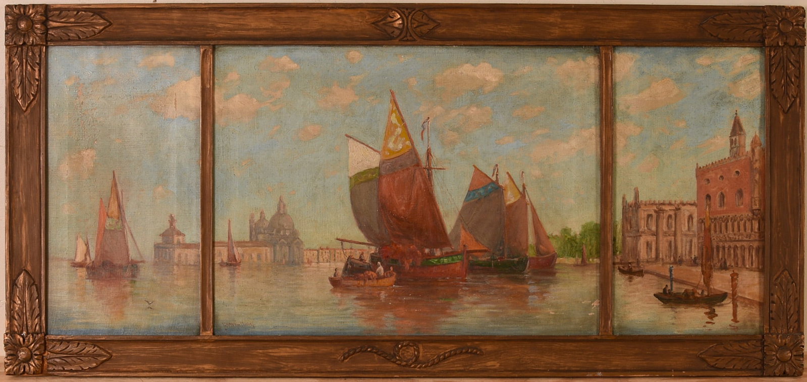 19th Century Triptych of Venise.: Oil on canvas, overall frame 22.5 x 50 inches. Artist unknown.