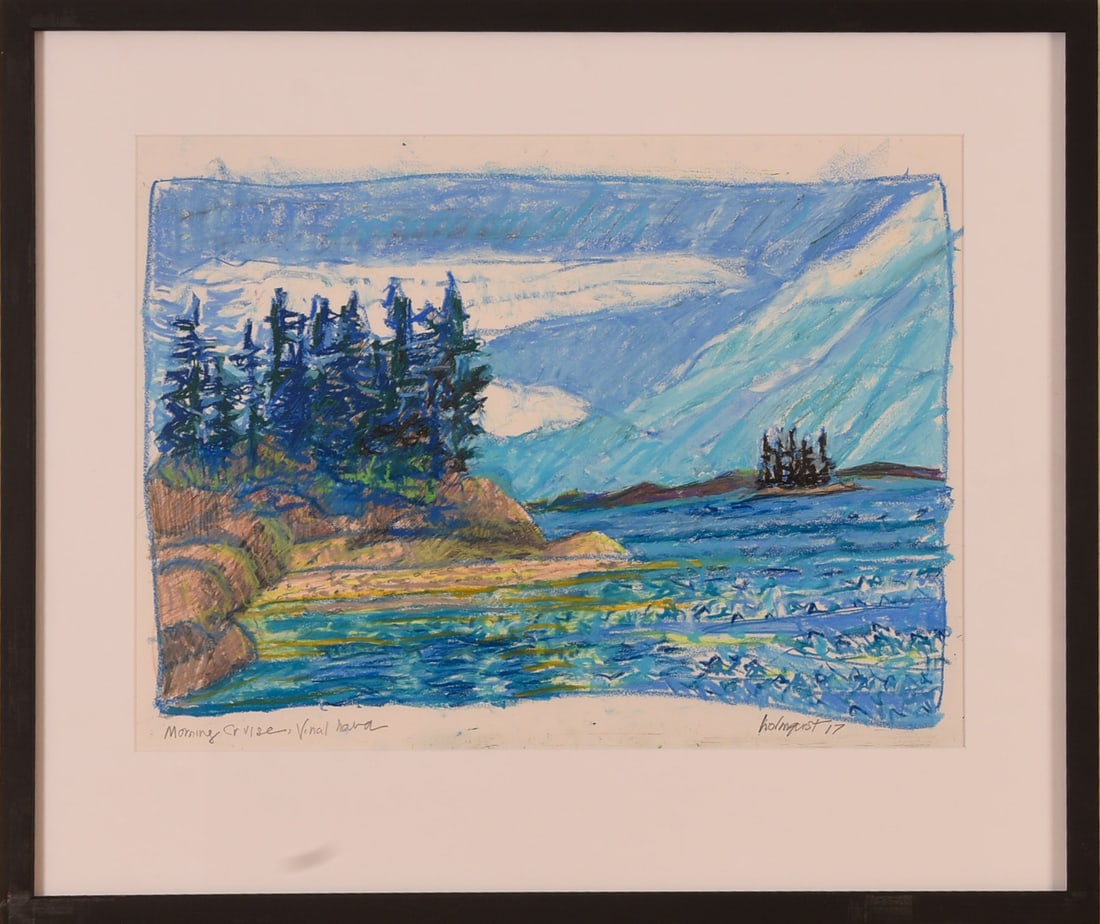 Brita Holmquist (b. 1950). Morning Cruise, Vinalhaven.: Conte crayon on paper, 14 x 19 inches, sight, signed and dated 2017. Framed, 21 x 25 inches.