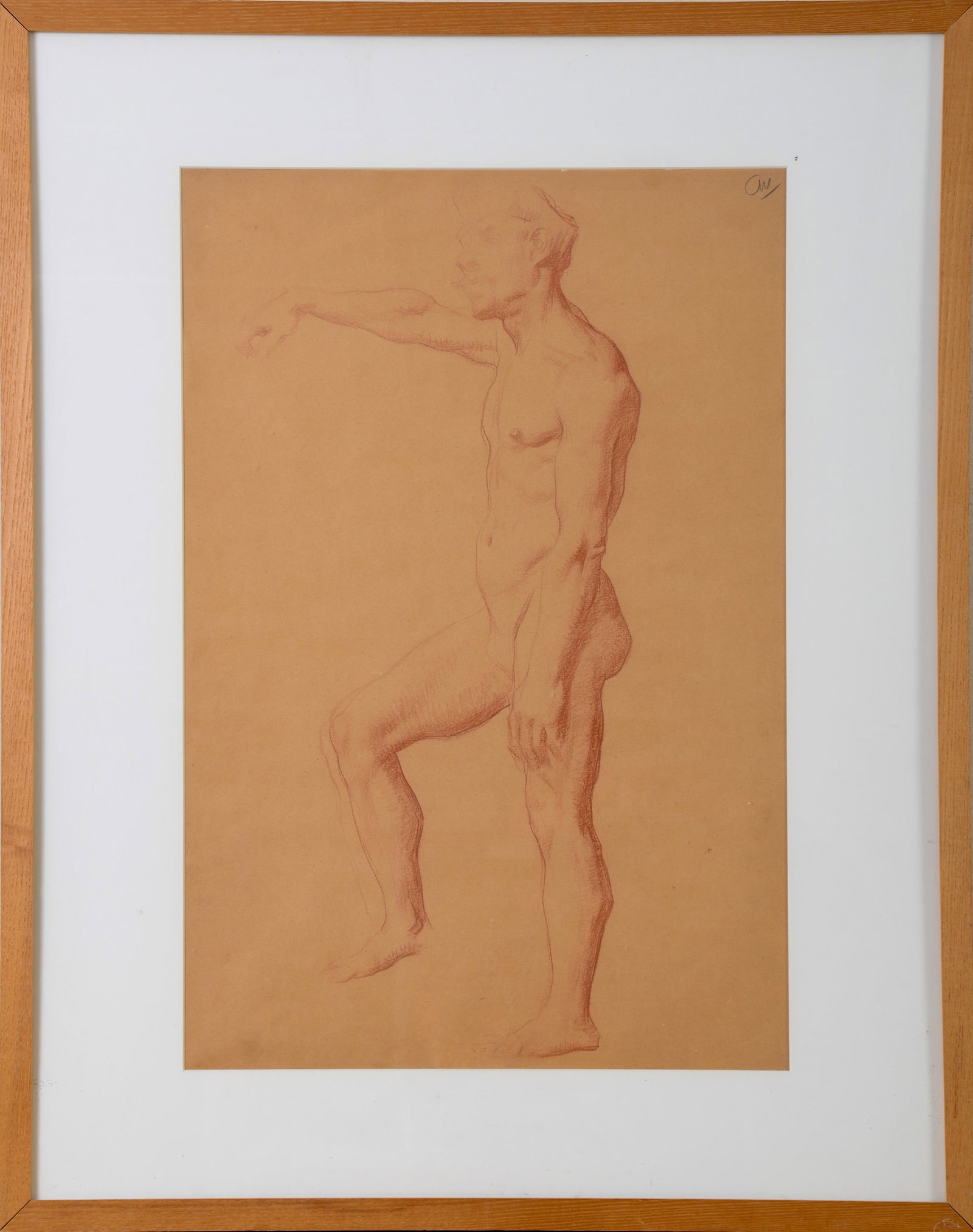 Figure Drawing of a Nude Man.: Conte Crayon on paper, 21.5 x 14 inches, sight. Framed, 29 x 23 inches.