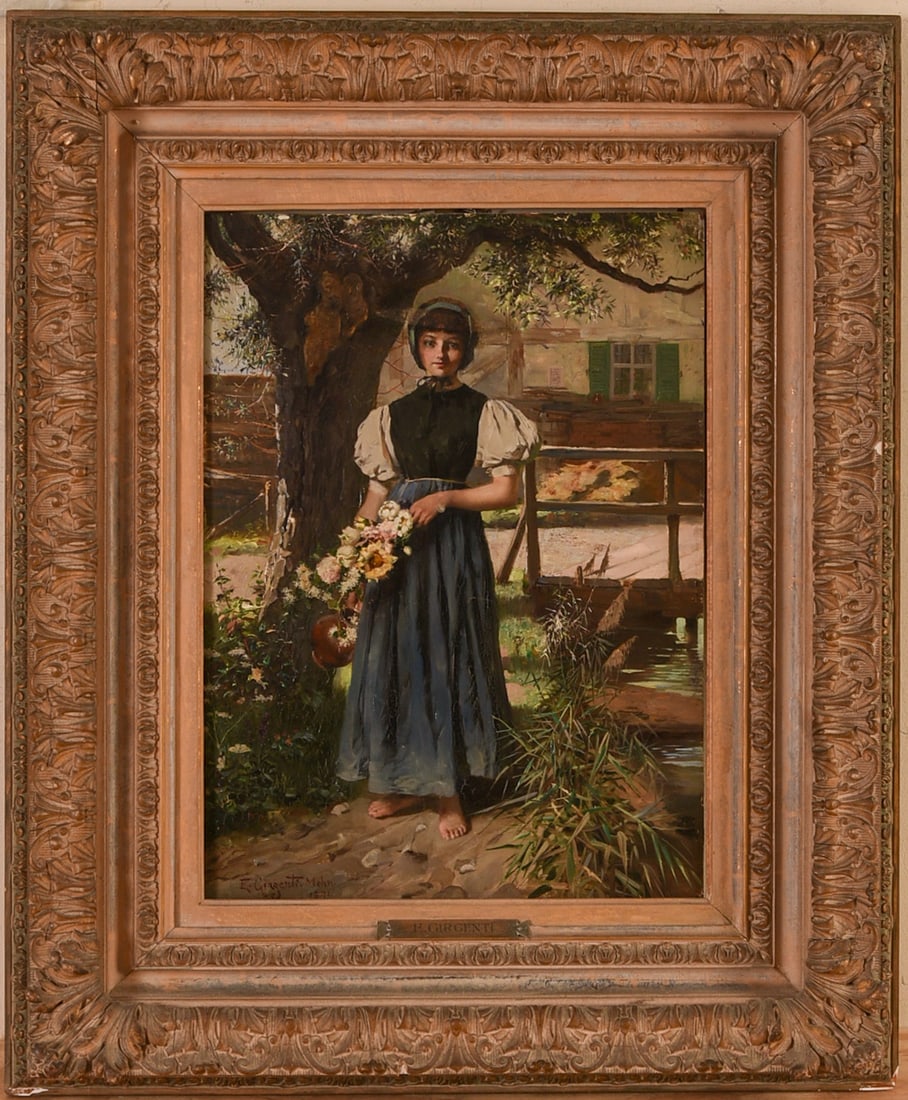 19th Century Portrait of a Girl Holding Flowers.: European school, signed E. Gergenti, dated 1891. Oil on board, 19 x 13.5 inches. In a period frame, 29 x 24 inches.