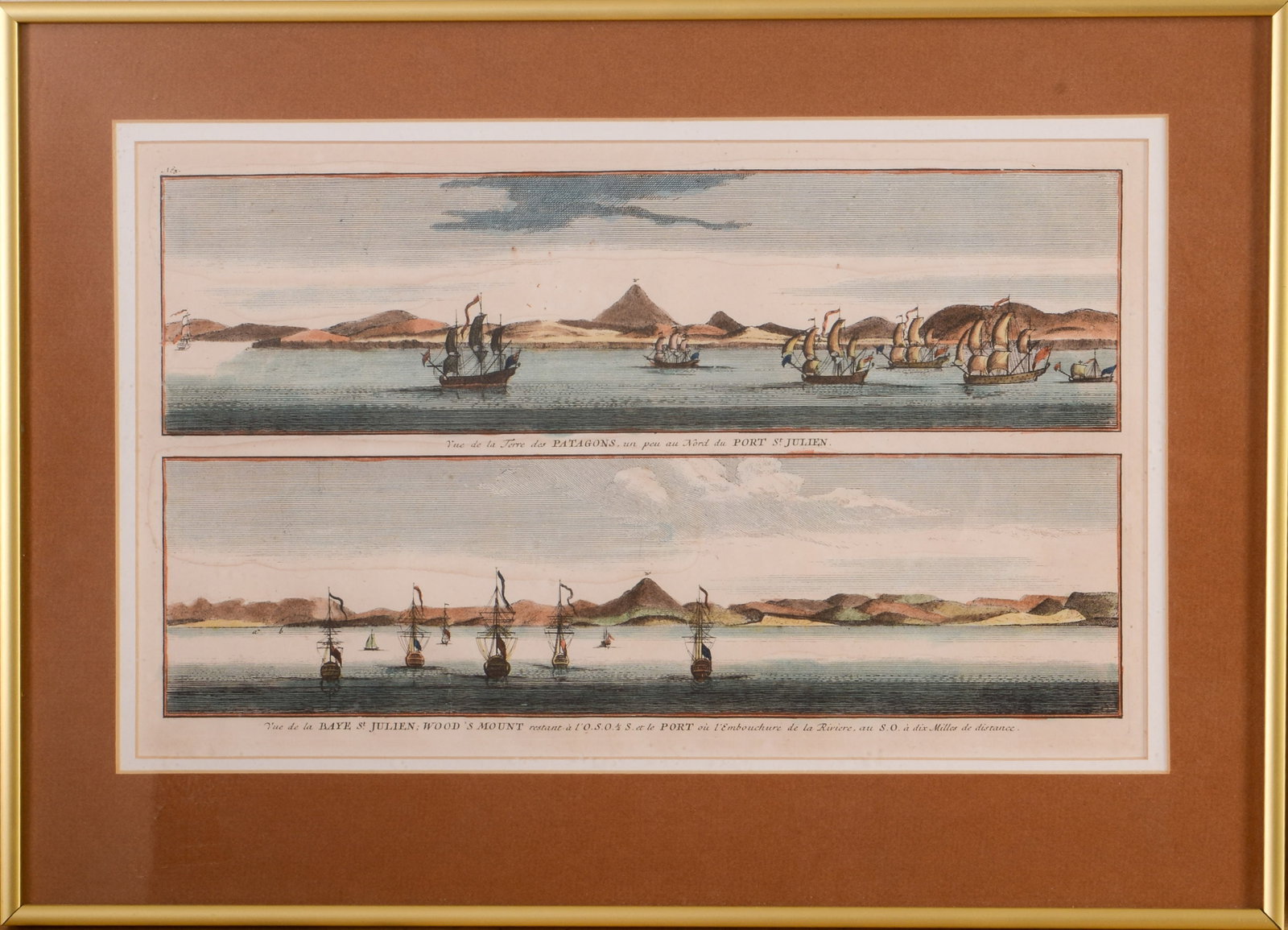 Port St. Julien Navigational Print.: 18th century handcolored engraving, 9.5 x 15 inches, sight. Framed, 14 x 9 inches.