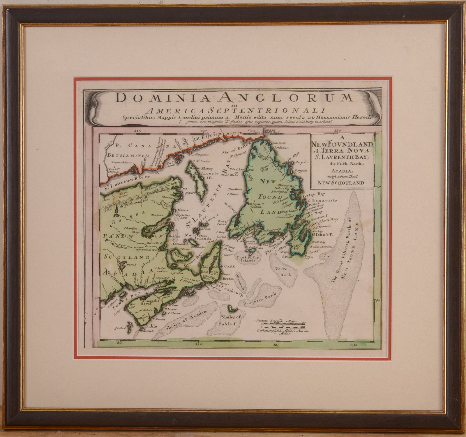 Homann Family Map of Eastern Canda, Circa 1750.: Including Newfoundland. Handcolored engraving, 9.5 x 10.5 inches, sight. Framed, 15 x 16 inches.