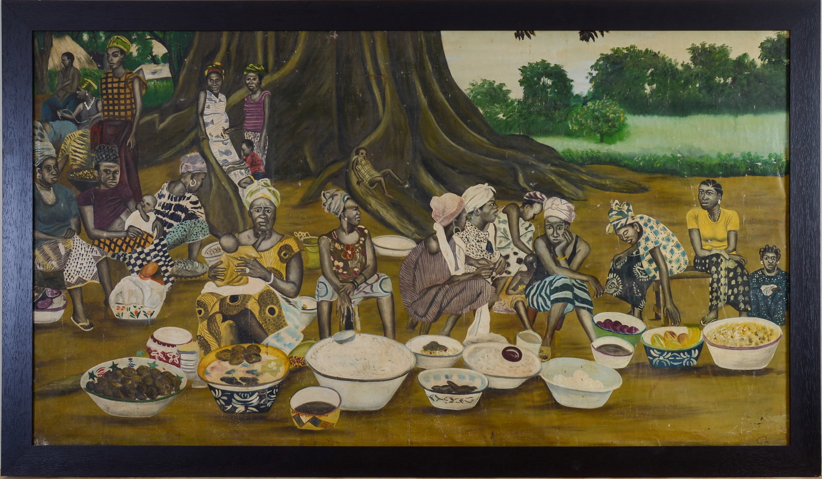 Large Painting of African Villagers.: Oil on canvas, 32 x 58 inches. Framed, some paint loss.