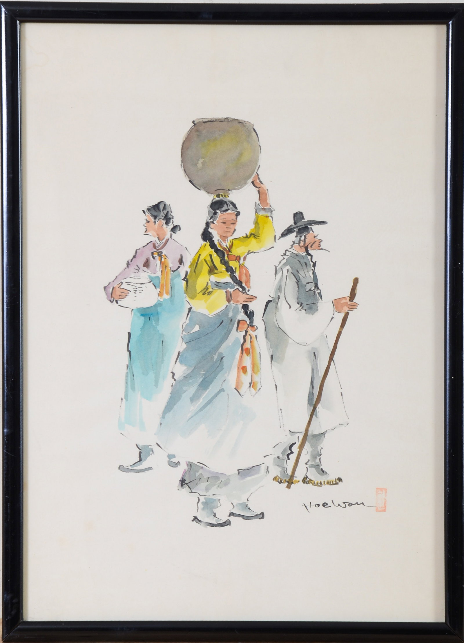 Hoe Won Korean Watercolor.: Three Figures, Korea, mid 20th c. Signed and sealed l.r. Frame 22.625 x 16.5 inches.