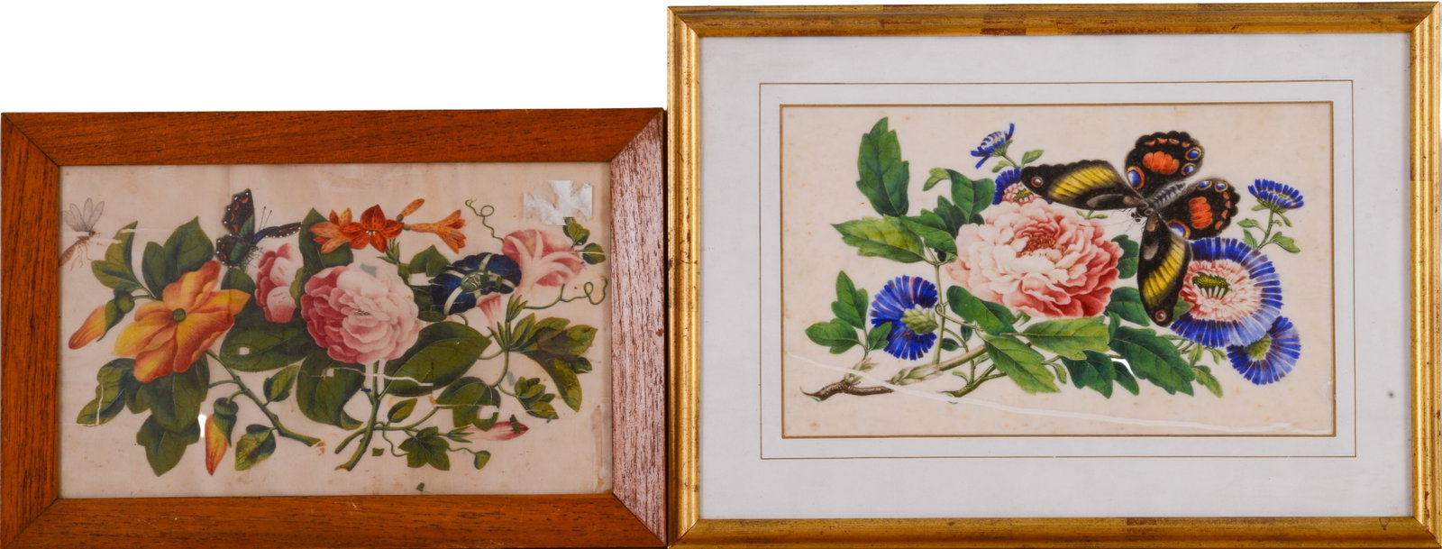 Two Floral Illustrations on Silk.: Framed, 9.5 x 14.5 and 12 x 17 inches.