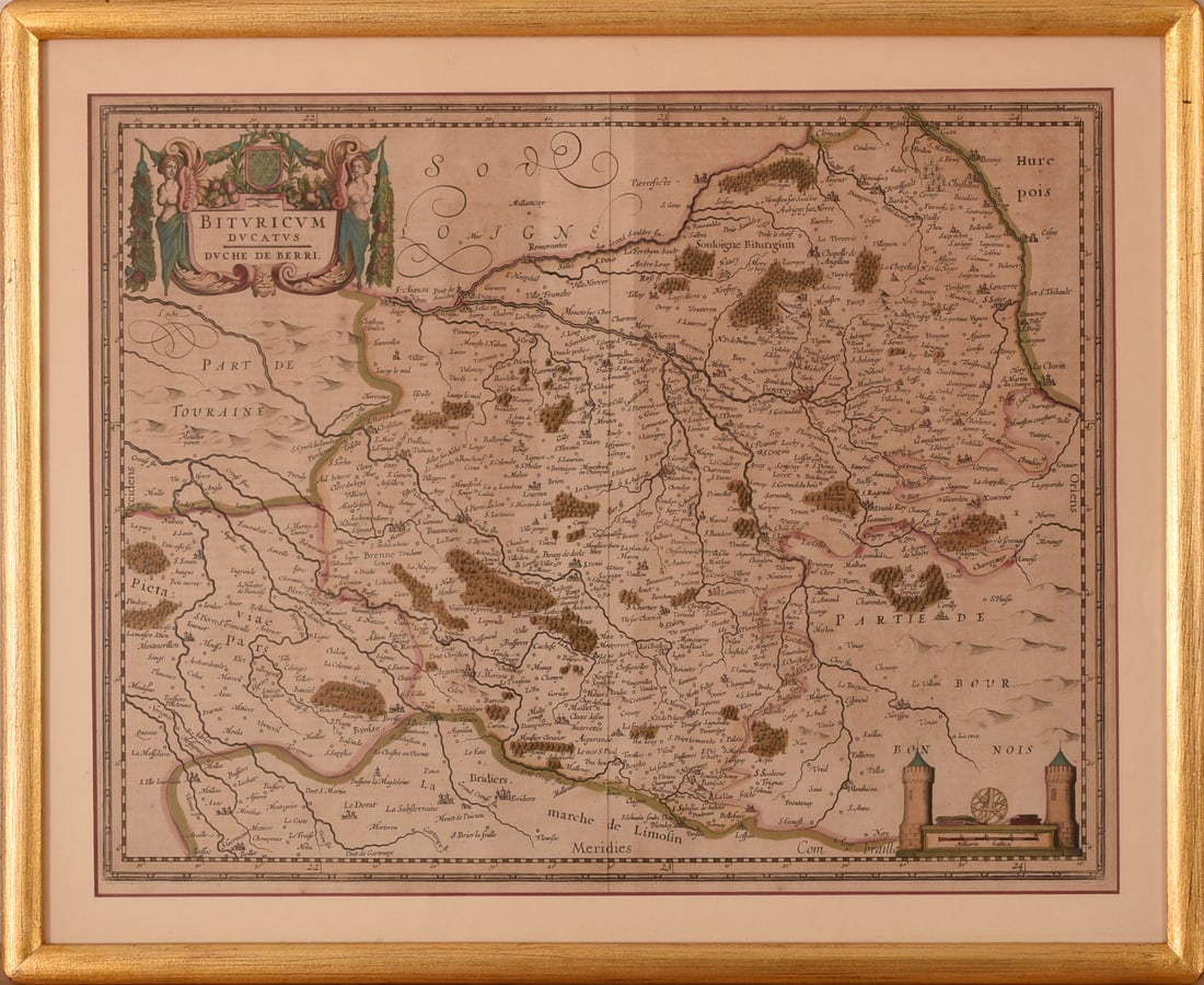 17th Century Map of the Duche of Berri.: 15 x 19.25 inches, sight. Framed, 18.5 x 23 inches.
