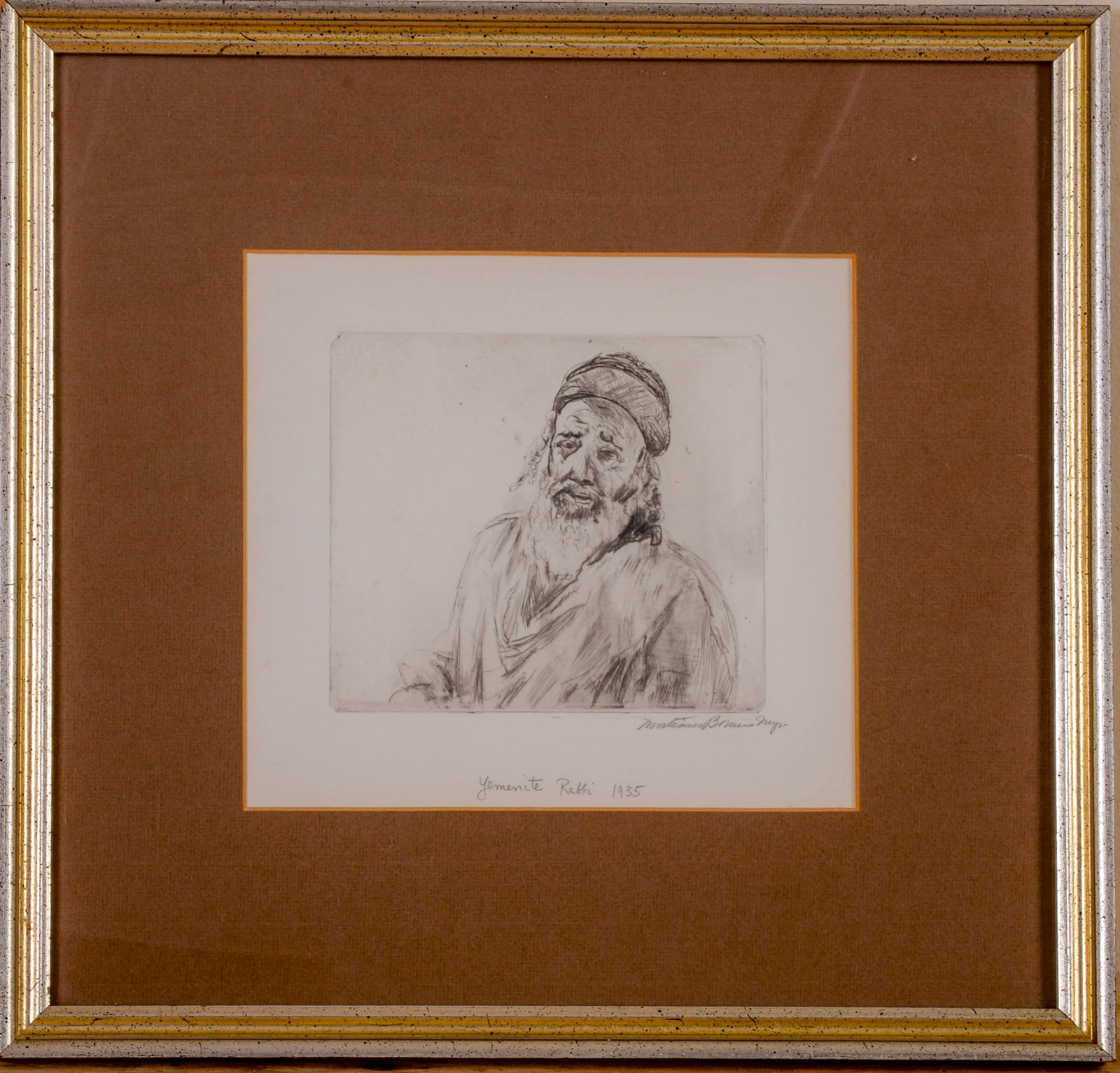 Mortimer Bourne. Yemini Rabi, 1935.: Engraving on paper, 7.5 x 8 inches, sight, pencil signed. Framed, 15 x 15 inches.