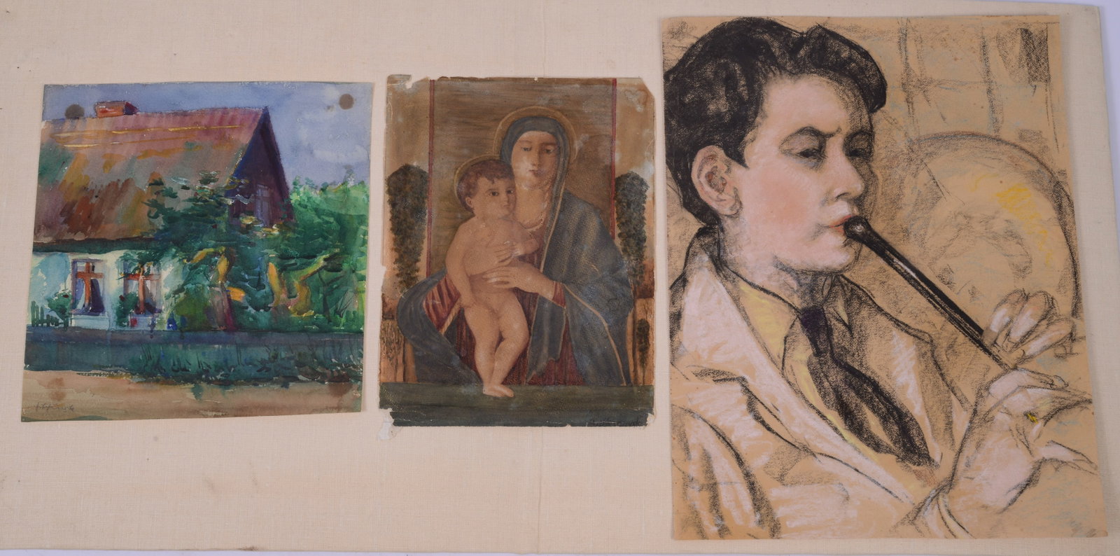 Three Original Artworks.: Pastel of a woman playing a recorder, 18.5 x 14 inches, watercolor of Madonna and Child, and a watercolor landscape.