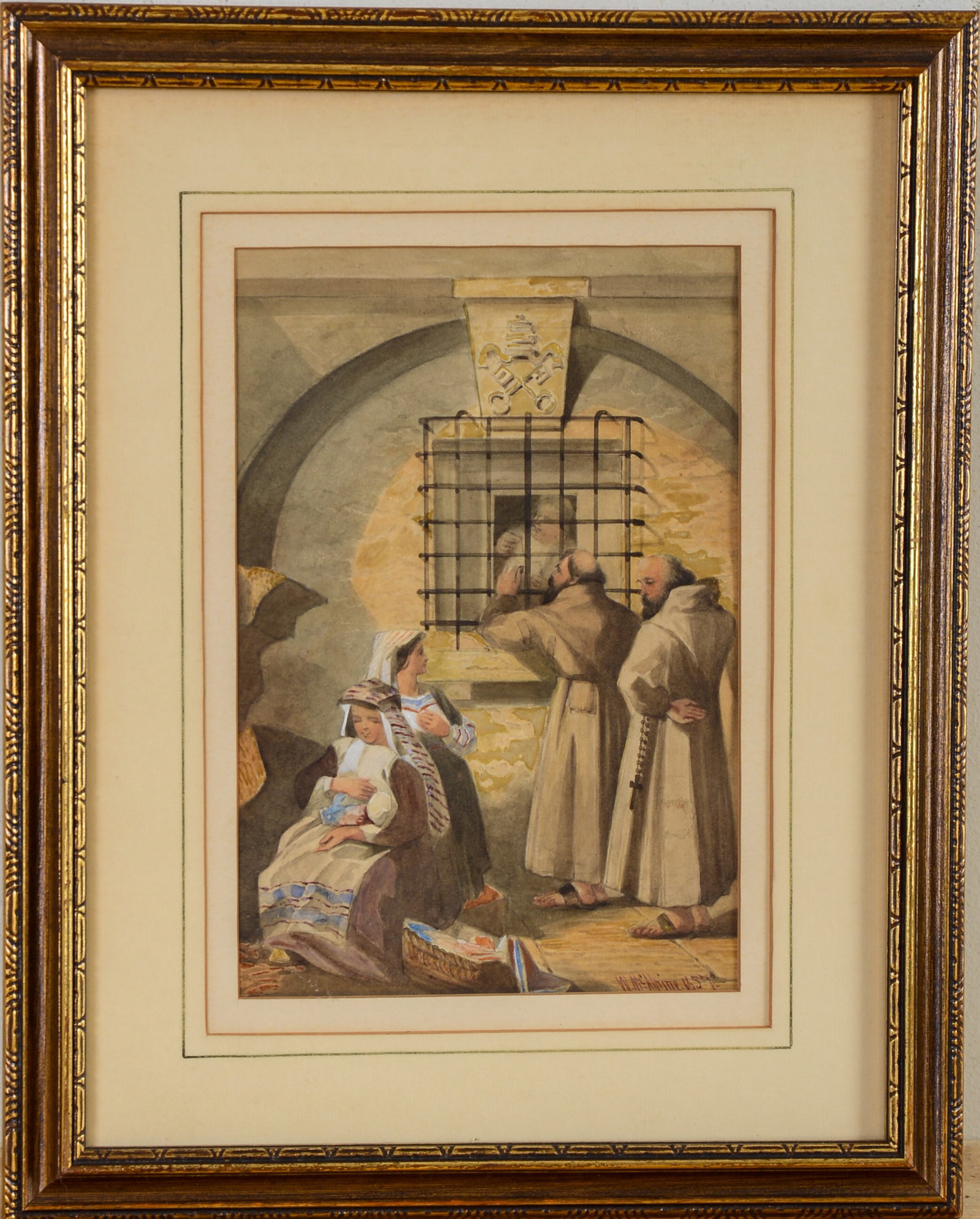 William McAlpine (United Kingdom. fl. 1840-1880). Monks Helping the Poor.: Framed watercolor. Signed and dated 1857 lower right. Sight 9.125 x 6.25 inches. Frame 15.125 x 12.25 inches.