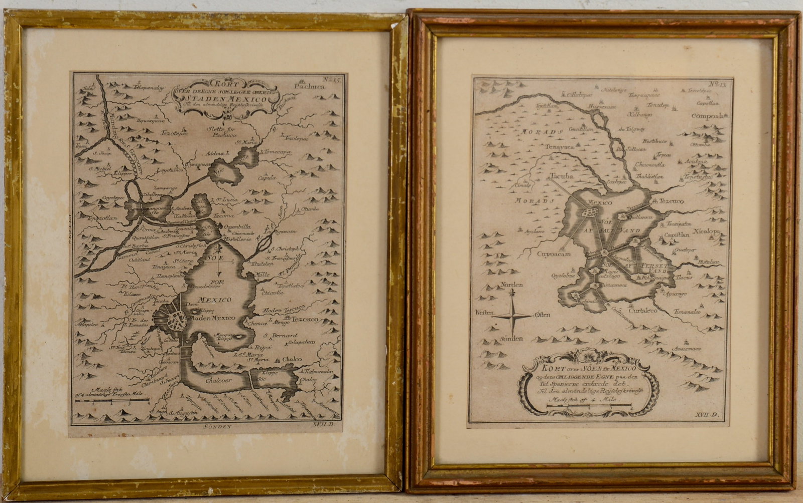 Two 18th c. Maps of the Mexico City Region.: Printed in Danish, framed. Sight 8 x 6 inches, frame 11 x 9 inches.