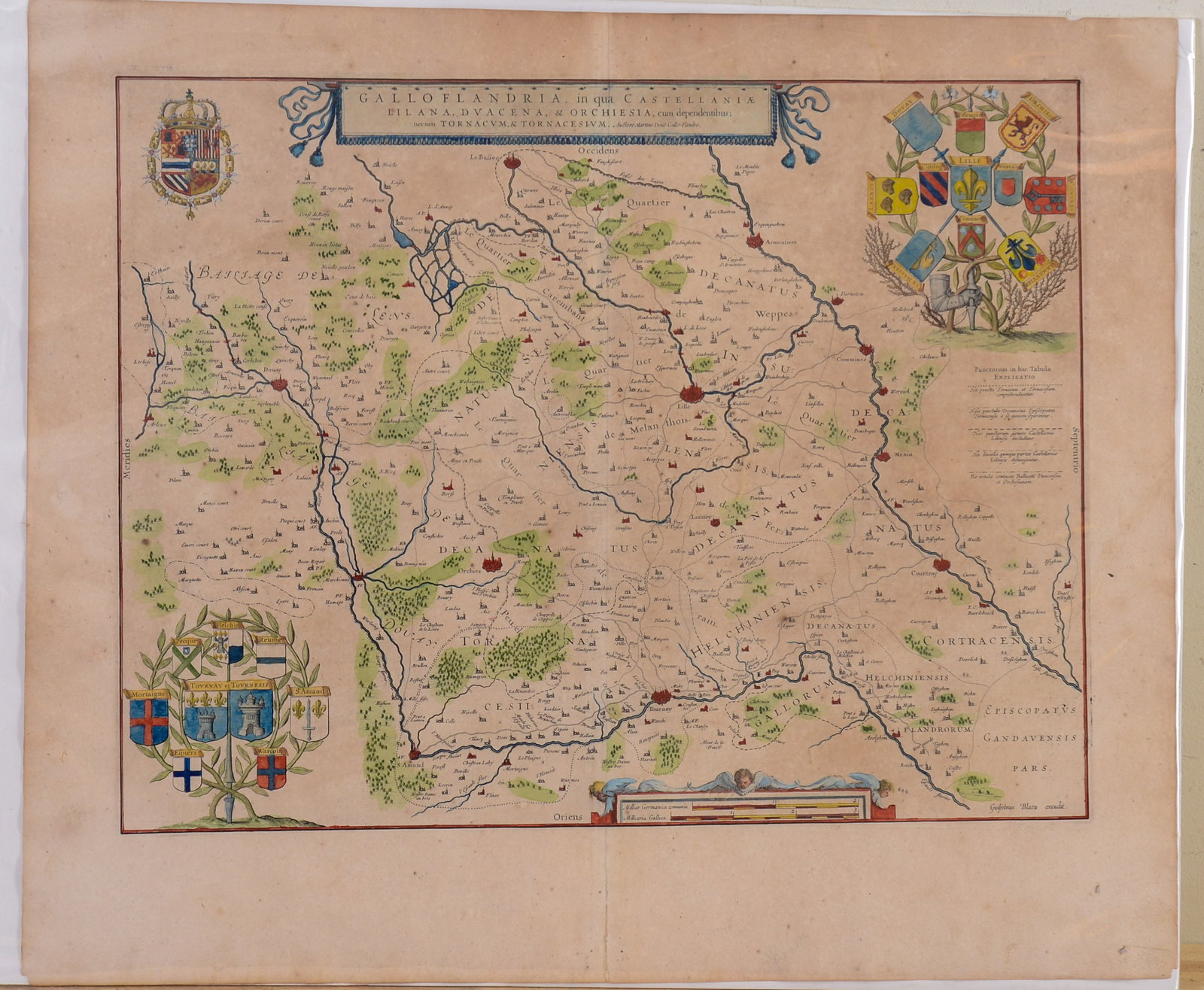Willem Blaeu Map of French Flanders. 'Galloflandria.': Circa 1645. Unframed handcolored engraving. Signed in the plate lower right. 19.75 x 23.5 inches