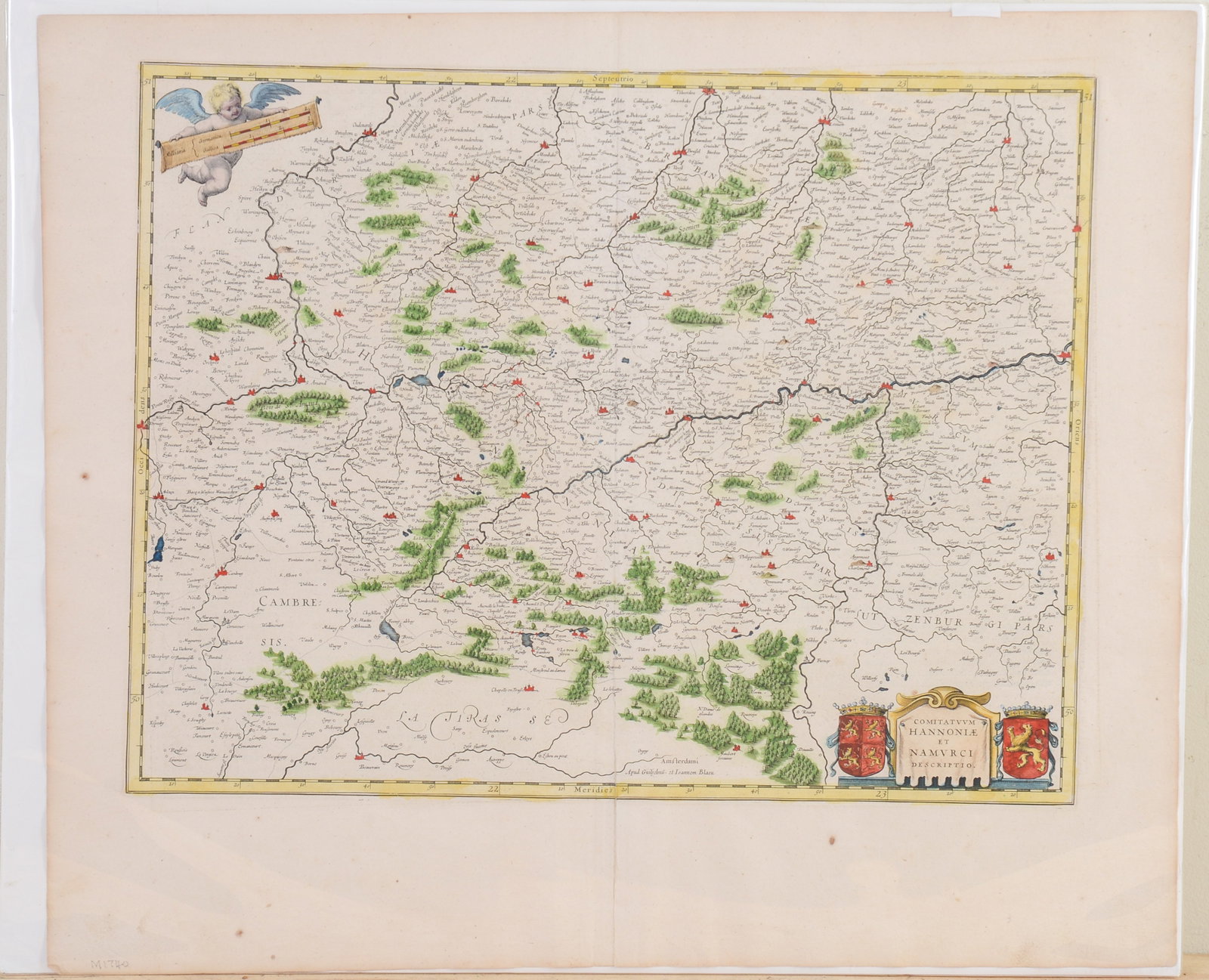 Willem Blaeu Map of Belgium. 'Hannonia et Namurcic.': Circa 1645. Unframed handcolored engraving. Signed in the plate l.c. 19.75 x 23.5 inches.