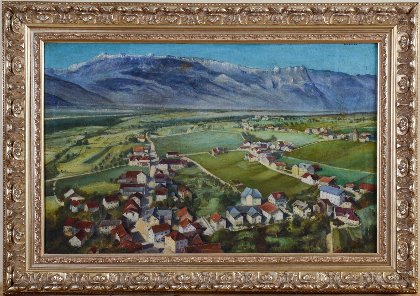 Painting of Vaduz, Lichtenstein.: Framed oil on canvas. Depicting a panoramic aerial view of the capital of Lichtenstein. Late 19th c., indistinctly signed l.r. Sight 17.5 x 27.375 inches. Frame 23.5 x 33.5 inches. A few small
