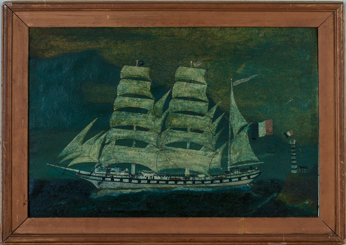 19th Century Painting of a French Clipper Ship.: Oil on canvas laid on cardboard, 11.5 x 17 inches. Possibly painted on sail cloth.