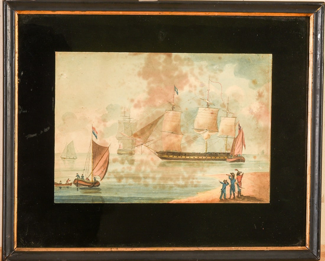Late 18th Century Watercolor of British Warships.: Pictured with Dutch Feluccas off the coast of Gibralter. 8 x 11.5 inches, sight. Framed with eglomise matt, 14 x 17 inches. Foxing to paper.