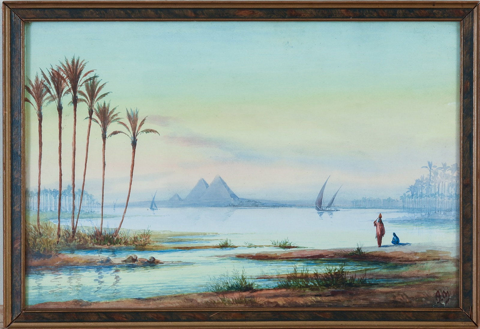 Alfred Calvert (1821 - 1894). Feluccas and Figures on the Nile: Watercolor on paper, 11 x 16.5 inches, sight. Signed AM lower right.