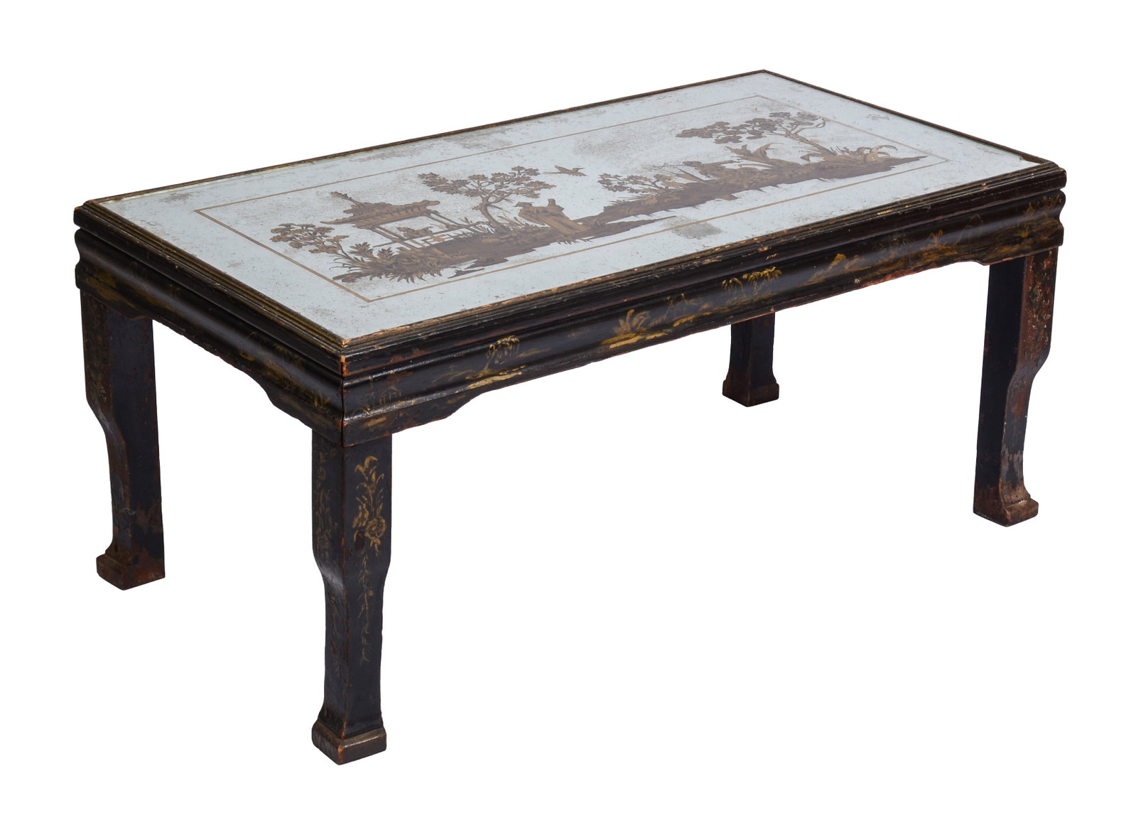 Chinoserie Mirrored Glass Top Table: Height 19.5 inches, length 42 inches, depth 23 inches.