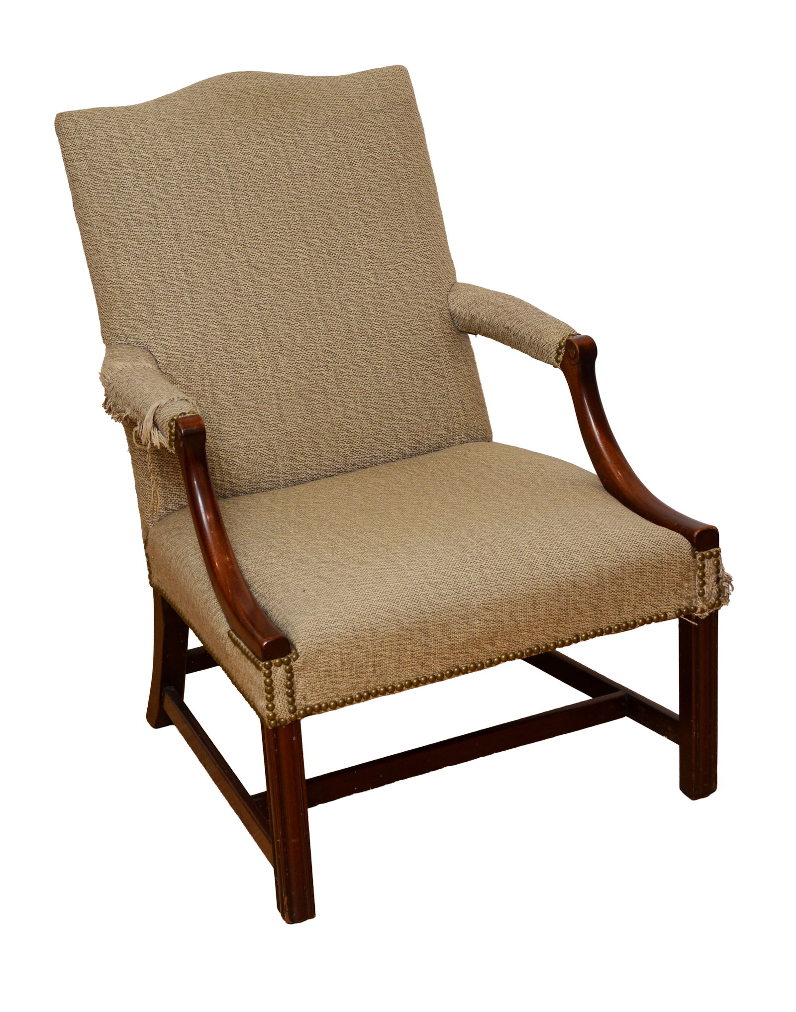 Hepplewhite Style Lolling Chair.: Height 40 inches, width 27 inches, depth 24 inches.