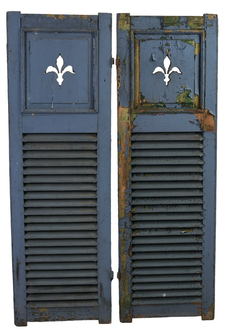 Pair of Early Shutters With Fleur-de-Lis Cutouts.: 58 x 18.5 inches. Wood is stable, paint is chipping.