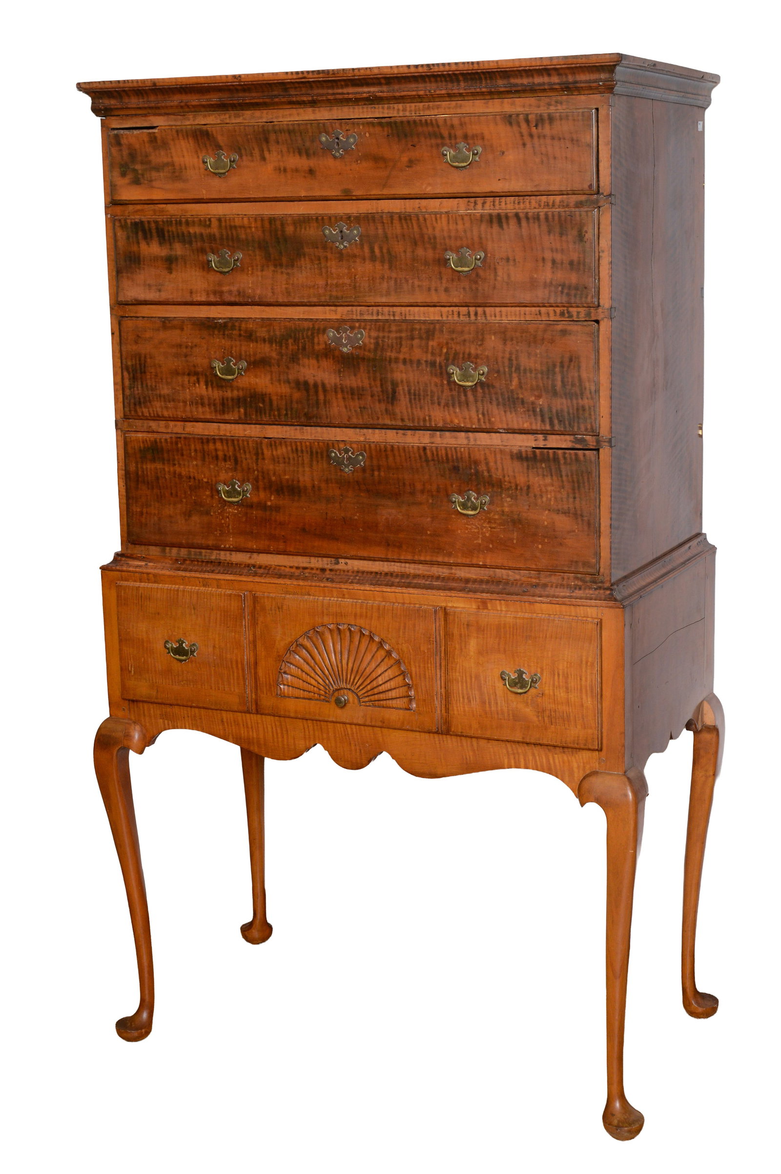 NEW ENGLAND QUEEN ANNE STYLE TIGER MAPLE HIGHBOY. (1 of 3)