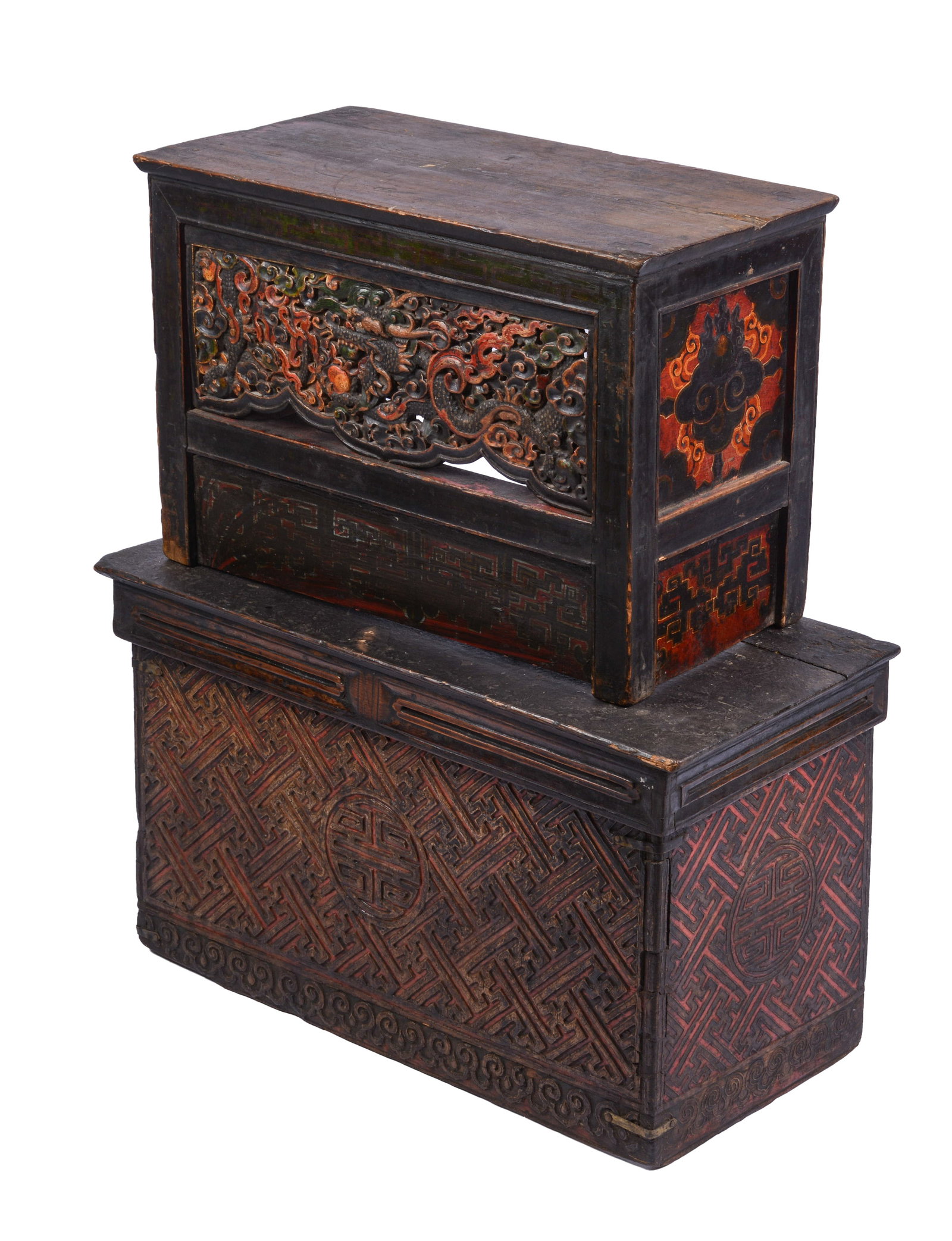 Two Tibetan Hand Painted Benches: Lengths 29 and 24 inches.