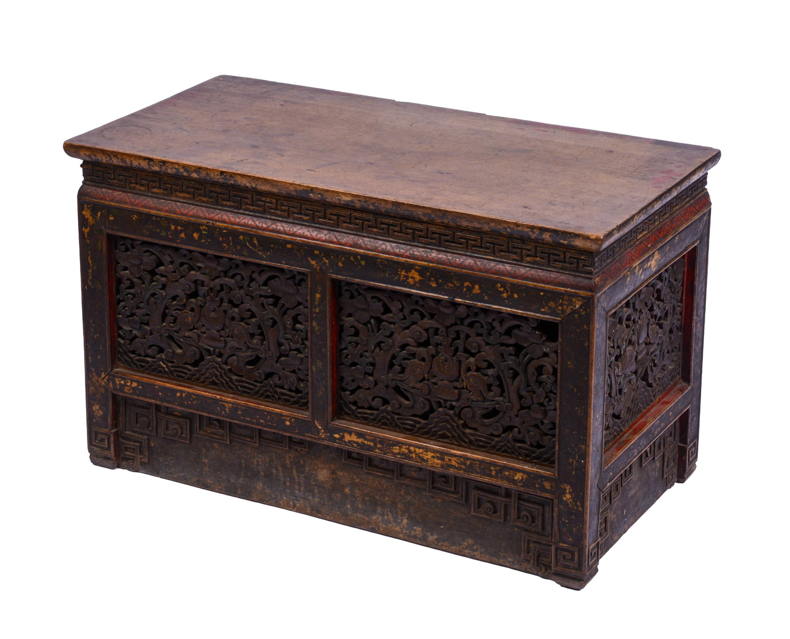 Tibetan Hand Carved Bench With Drawer.: 19 x 31 x 15 inches. Some losses.