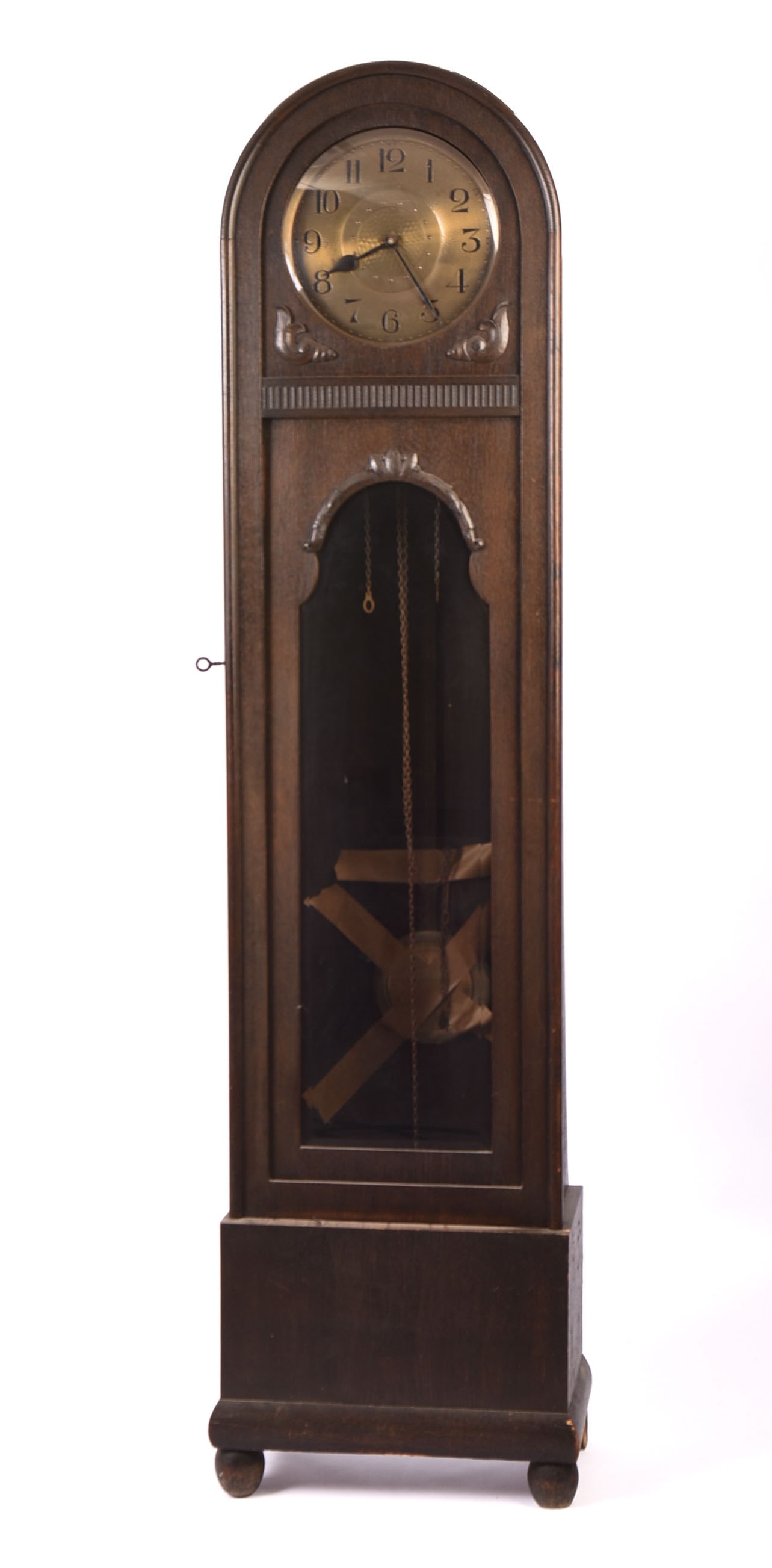 Oak Tall Case Clock With Hammered Copper Face.: Height 78 inches, width 18 inches, depth 10 inches. Includes weights and pendulum, not tested for operation.