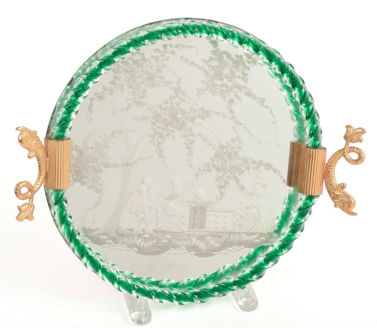 Murano Glass Mirrored Tray.: With dolphin handles, diameter 10.5 inches.