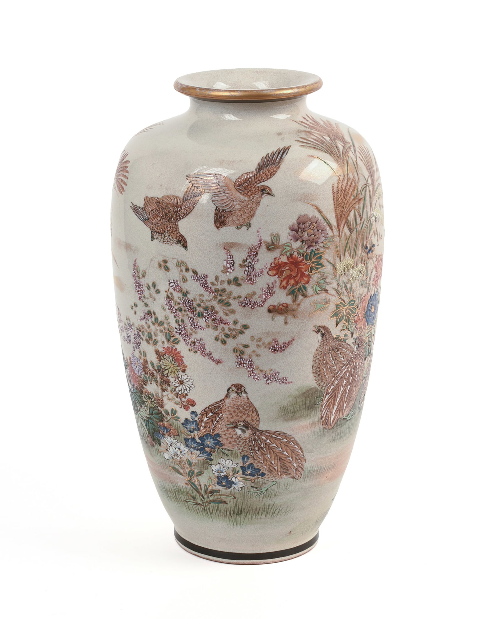 Large Japanese Satsuma Vase.: Decorated with quail and flowers, signed, drilled bottom. Height 15 inches, width 7.5 inches.