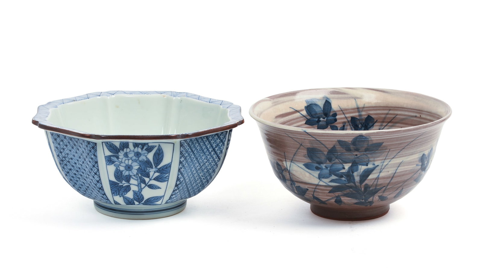 Two Japanese Studio Pottery Bowls.: Blue and white, diameter 7.5 inches, and one with brown ground. Good condition.